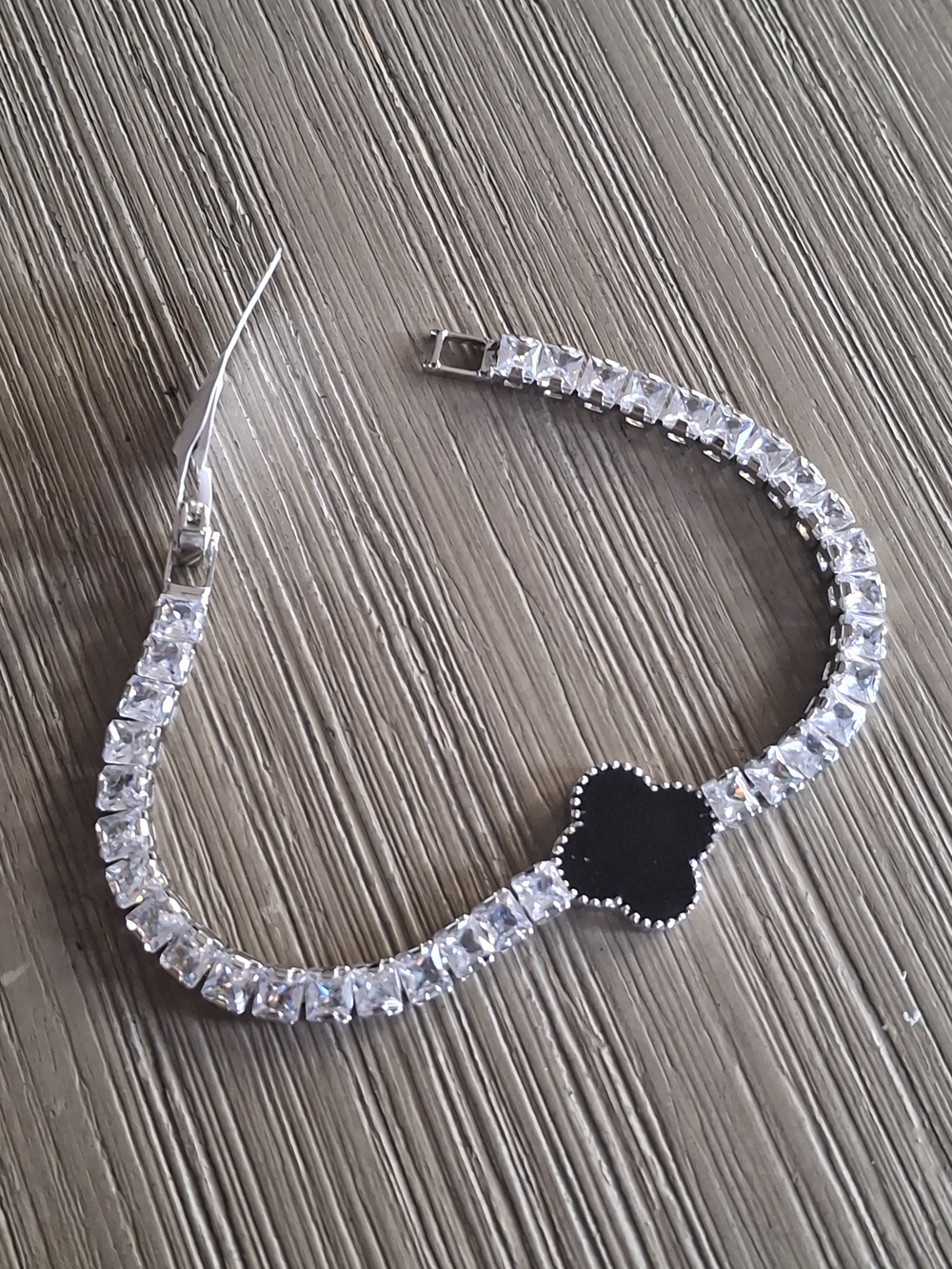 Silver Crystal Tennis Bracelet with Black Clover Accent